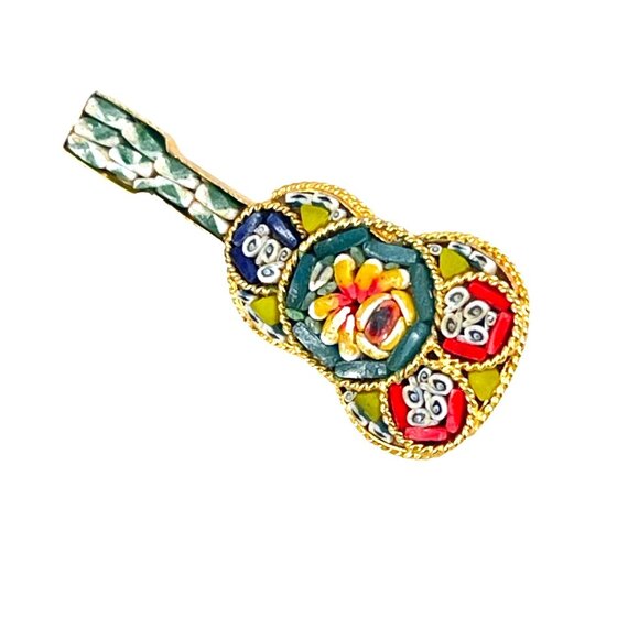 Vintage Micro Mosaic Italian Guitar Shaped Brooch Pin - Picture 2 of 6